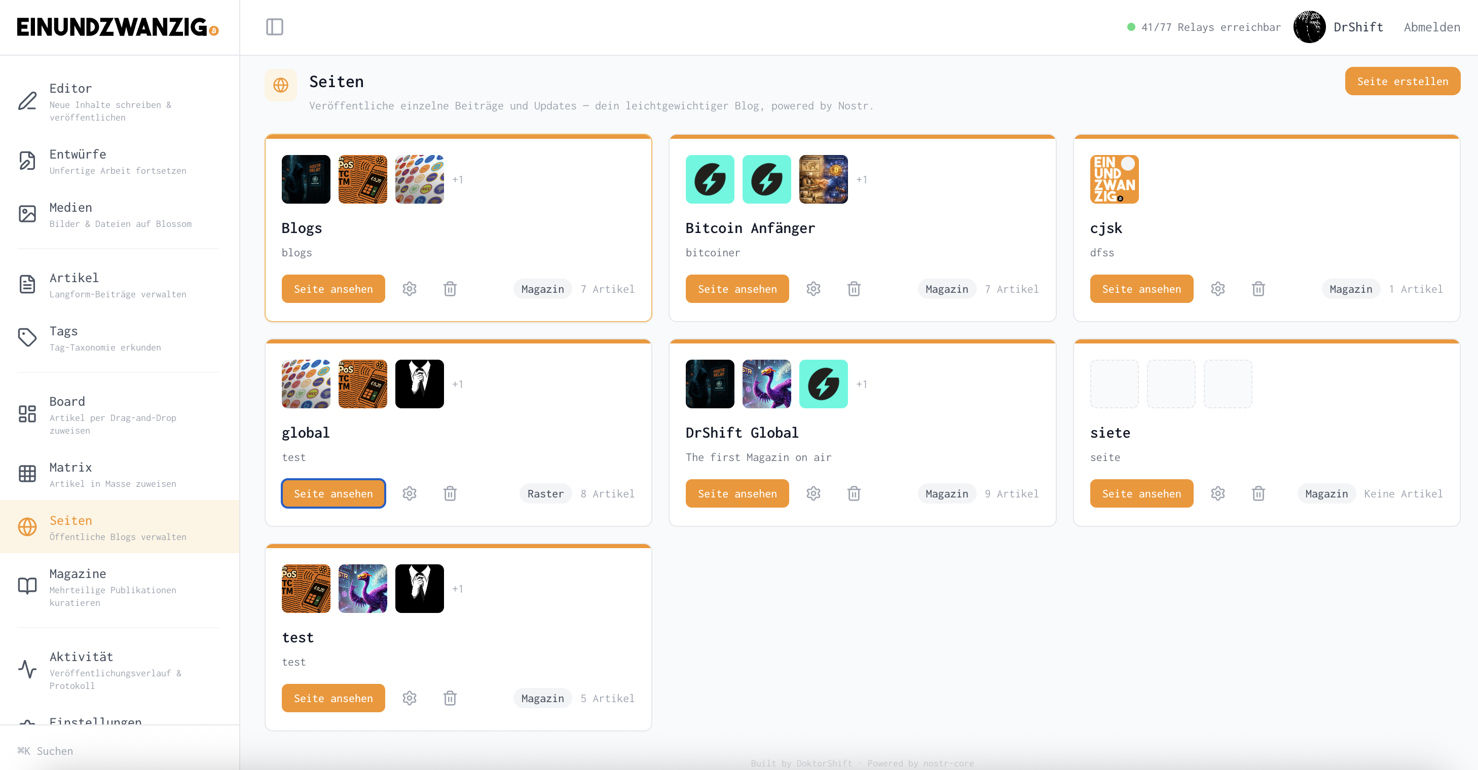 Site overview and magazine curation